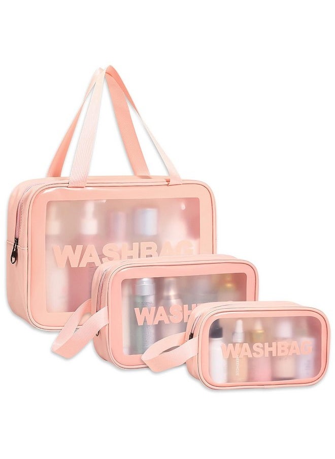 Zollyss Clear Makeup Pouch Set, Cosmetic Organizer Bag for Women and Girls Travel Waterproof Toiletry Storage Kit (Pink Set of 3)