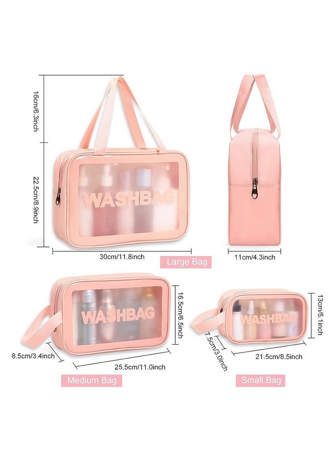 Zollyss Clear Makeup Pouch Set, Cosmetic Organizer Bag for Women and Girls Travel Waterproof Toiletry Storage Kit (Pink Set of 3)