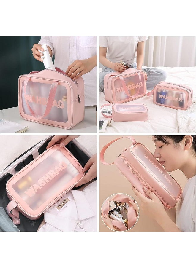 Zollyss Clear Makeup Pouch Set, Cosmetic Organizer Bag for Women and Girls Travel Waterproof Toiletry Storage Kit (Pink Set of 3)