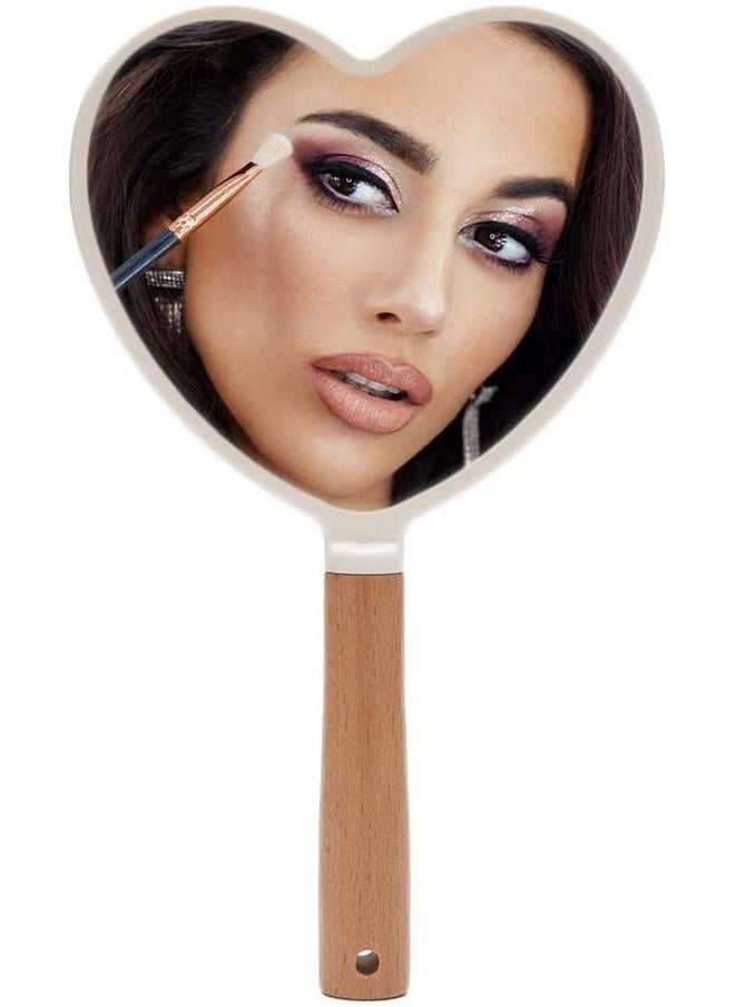 KIRA Handheld Makeup Mirror with Handle, Small Cute Wooden Shaving Mirror with Single Side Hanging Hole, Travel Portable for Men and Women (Heart)