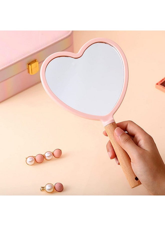 KIRA Handheld Makeup Mirror with Handle, Small Cute Wooden Shaving Mirror with Single Side Hanging Hole, Travel Portable for Men and Women (Heart)