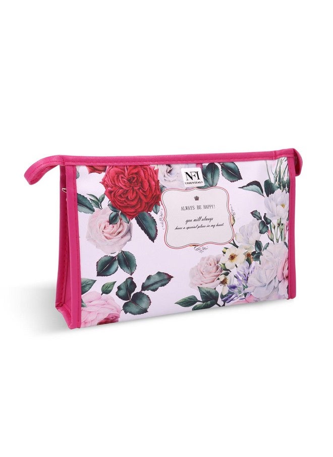 NFI essentials Pu Floral Print Makeup Pouch For Women, Stylish Pouches For Makeup Accessories & Travel Organiser, Cosmetic Pouch, Toiletry Make Up Bag, Pink