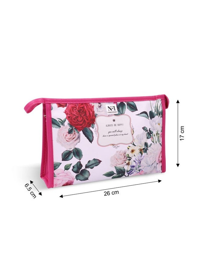 NFI essentials Pu Floral Print Makeup Pouch For Women, Stylish Pouches For Makeup Accessories & Travel Organiser, Cosmetic Pouch, Toiletry Make Up Bag, Pink