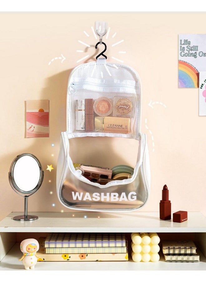wolpin White Makeup Pouch Pu Toiletry Bag For Women Large Cosmetic Kit Storage Organizer Travel Vanity Grooming Make Up Washbag, 13 cm