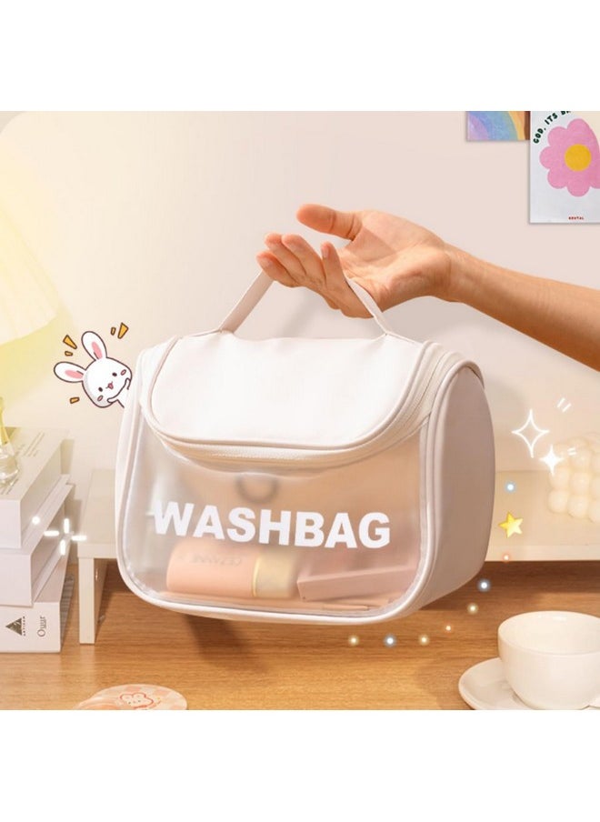 wolpin White Makeup Pouch Pu Toiletry Bag For Women Large Cosmetic Kit Storage Organizer Travel Vanity Grooming Make Up Washbag, 13 cm