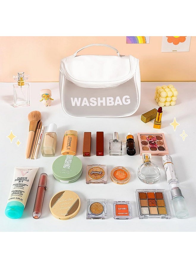 wolpin White Makeup Pouch Pu Toiletry Bag For Women Large Cosmetic Kit Storage Organizer Travel Vanity Grooming Make Up Washbag, 13 cm