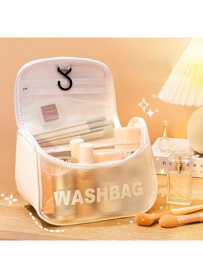 wolpin White Makeup Pouch Pu Toiletry Bag For Women Large Cosmetic Kit Storage Organizer Travel Vanity Grooming Make Up Washbag, 13 cm