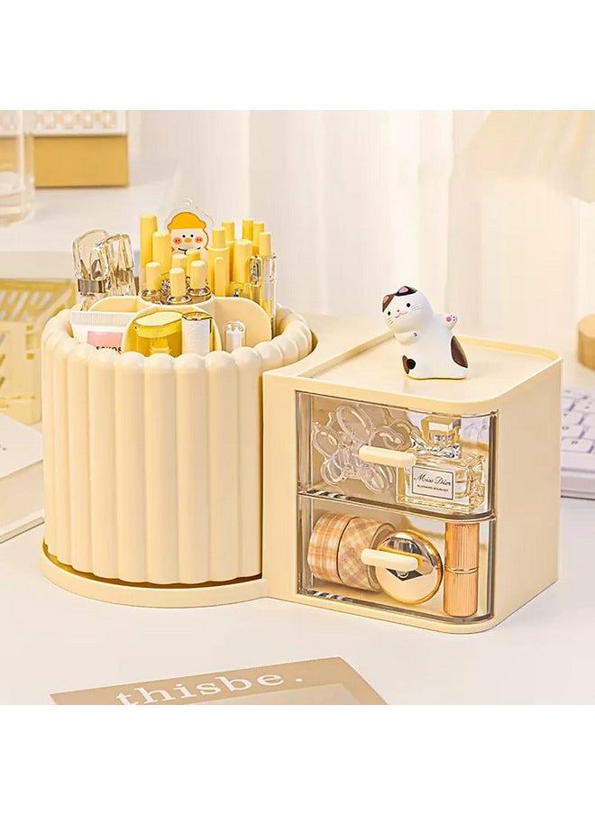 House of Quirk Rotating Cosmetics Makeup Organizer For Dresser Large Capacity With Drawer Cosmetic Display Case Lazy Susan Cosmetic Desk Storage (Cream),Transparent