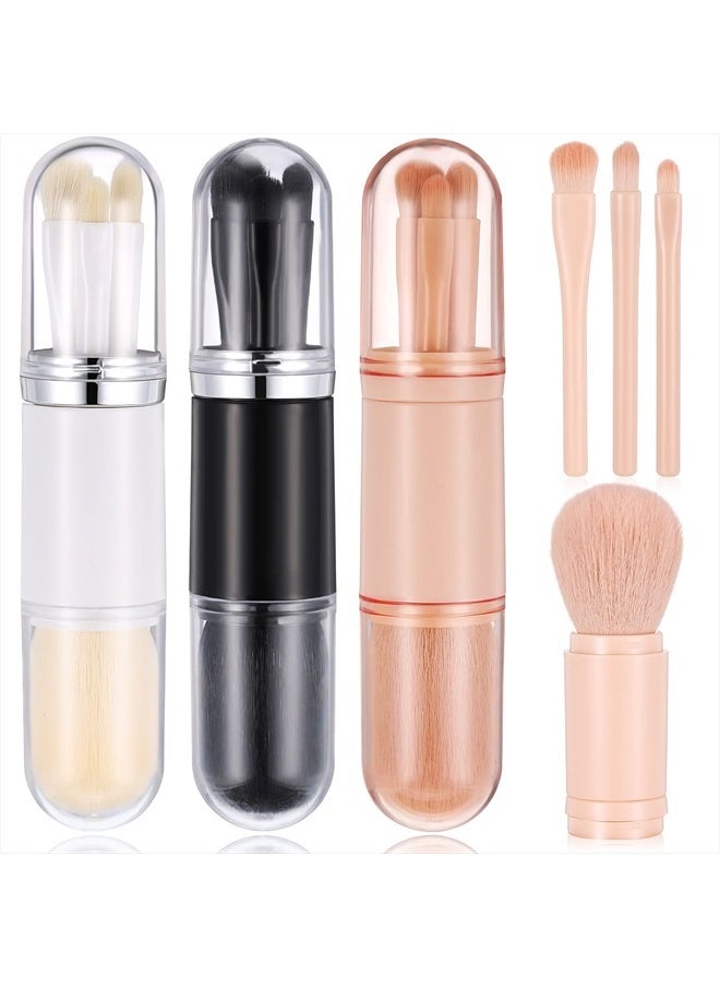 3 Sets Travel Brush Makeup Set, 4 in 1 Mini Portable Lip Brush Foundation Blending Powder Eye Shadow Brush for Women Facial Retractable Set