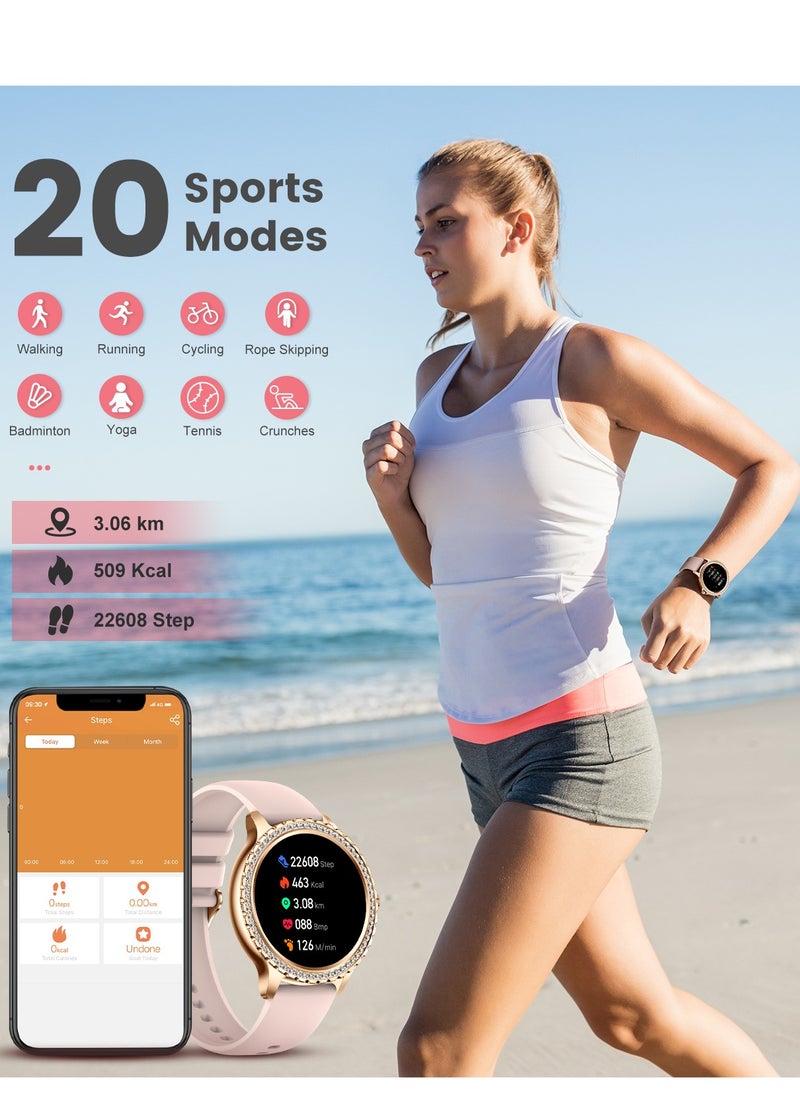 Women Smart Watch Stainless Steel Gold Luxury Diamonds decoration Ladies Sport Smartwatches 24H Heart Rate/Sleep Monitor IP67 Waterproof for Android IOS