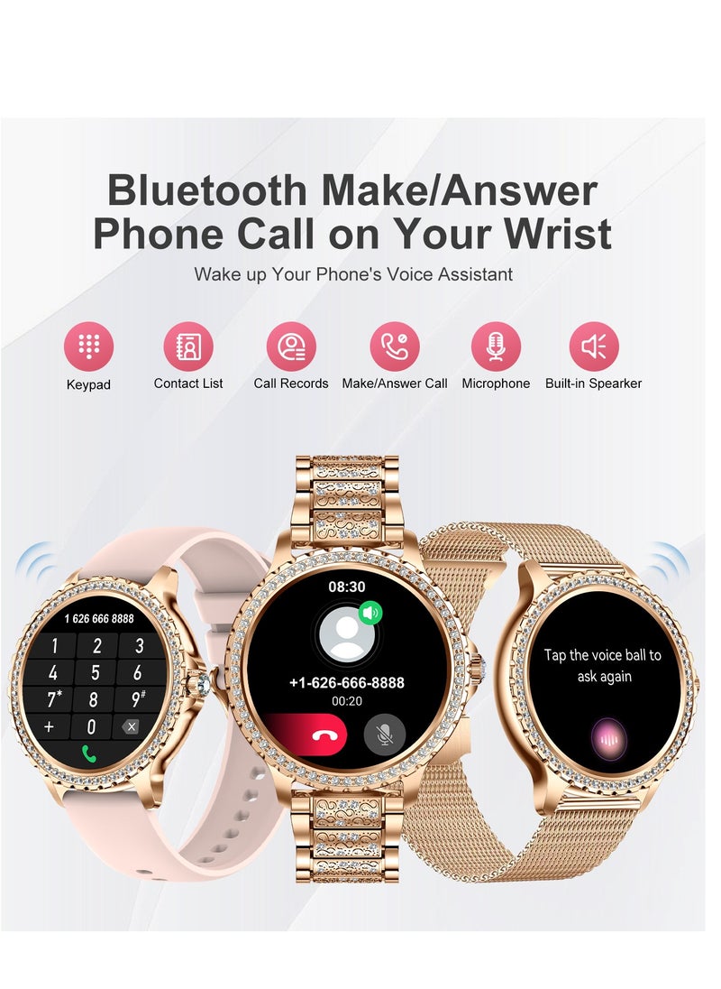 Women Smart Watch Stainless Steel Gold Luxury Diamonds decoration Ladies Sport Smartwatches 24H Heart Rate/Sleep Monitor IP67 Waterproof for Android IOS