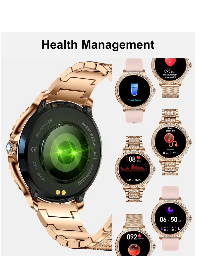 Women Smart Watch Stainless Steel Gold Luxury Diamonds decoration Ladies Sport Smartwatches 24H Heart Rate/Sleep Monitor IP67 Waterproof for Android IOS