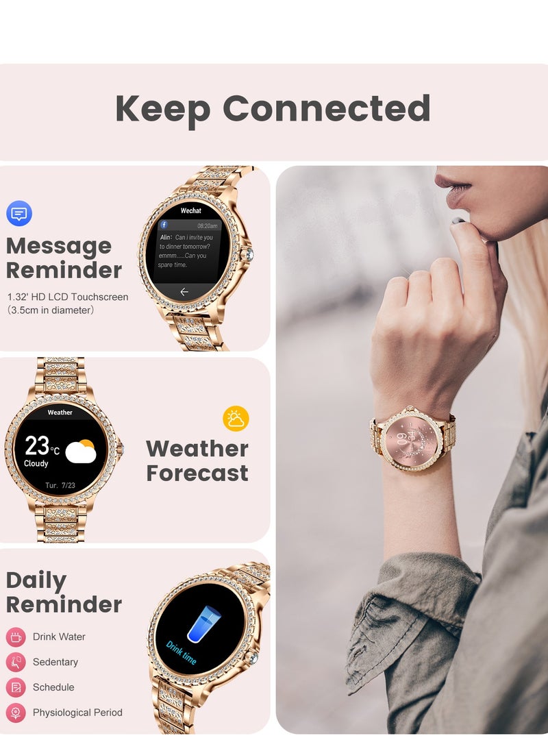 Women Smart Watch Stainless Steel Gold Luxury Diamonds decoration Ladies Sport Smartwatches 24H Heart Rate/Sleep Monitor IP67 Waterproof for Android IOS