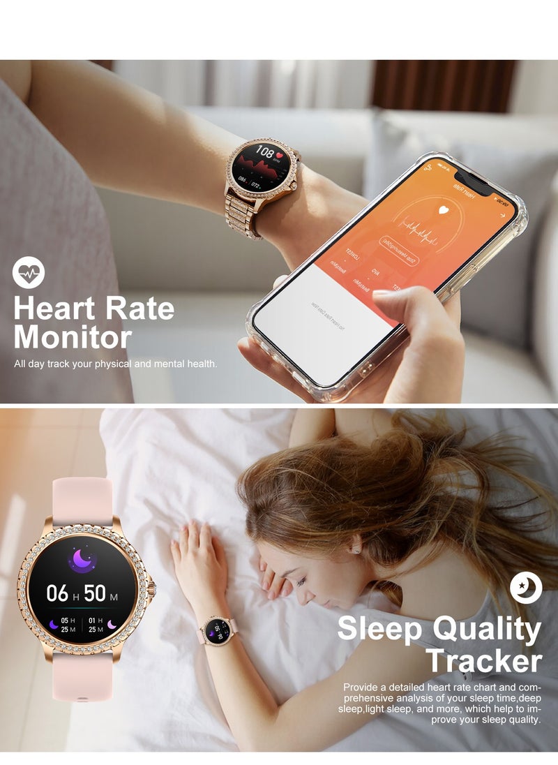 Women Smart Watch Stainless Steel Gold Luxury Diamonds decoration Ladies Sport Smartwatches 24H Heart Rate/Sleep Monitor IP67 Waterproof for Android IOS