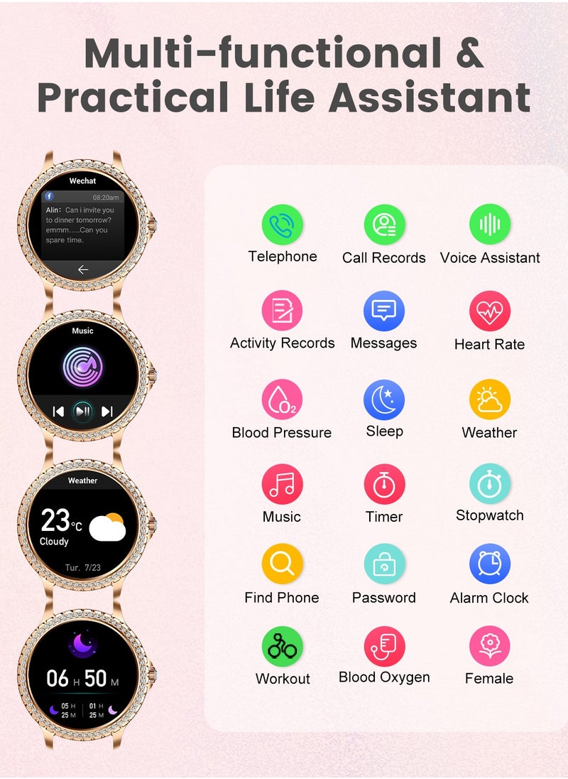 Women Smart Watch Stainless Steel Gold Luxury Diamonds decoration Ladies Sport Smartwatches 24H Heart Rate/Sleep Monitor IP67 Waterproof for Android IOS