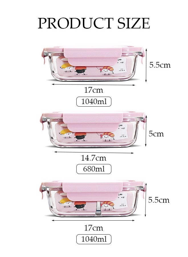 3 Pieces of Glass Meal Prep Containers，Leak Proof Lunch Box，Food Storage Containers with Lids，BPA Free，for Microwave, Oven, Freezer and Dishwasher,Pink