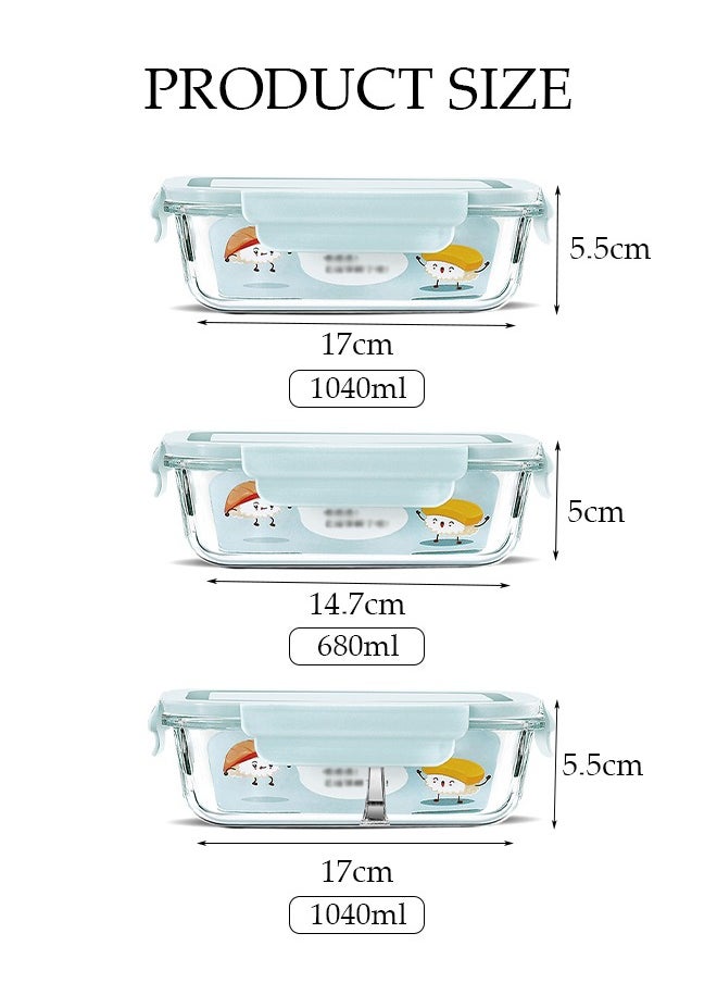 3 Pcs Glass Meal Prep Containers，Leak Proof Lunch Box，Food Storage Containers with Lids，with Durable Lock Covers，for Microwave, Oven, Freezer and Dishwasher,，BPA Free，680ml,2Pcs 1040ml