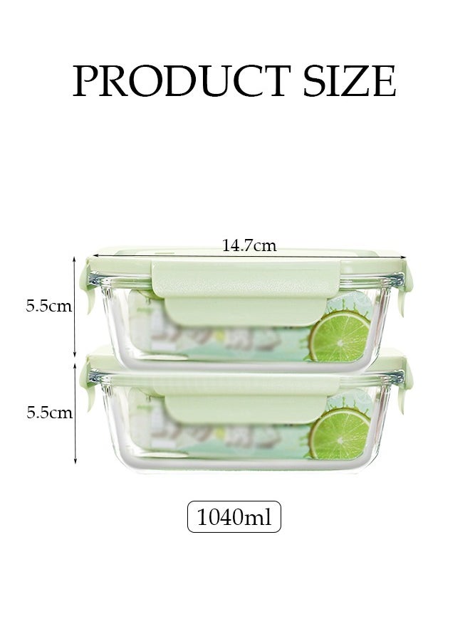 2 Pieces 1040ml Portable Glass Lunch Boxes, Microwave Glass Kitchen Preparation Containers, Durable Lockable Fresh-Keeping Boxes, With Insulated Bag Tableware Suitable For Children And Adults,Light Green