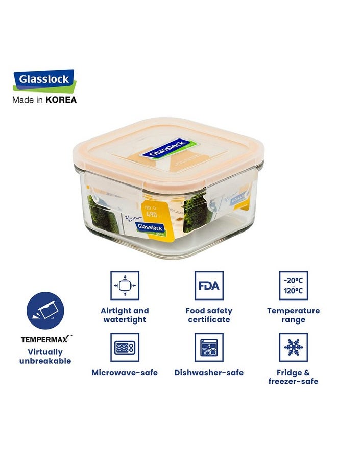 GLASSLOCK Korea Tempered Glass Container Lunch box, 490 ml, Set of 2 - Office Lunchbox Tiffin - Classic Microwave Safe Food Storage with Lid, Airtight