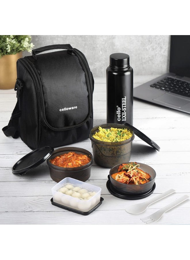 CELLO MF All in One Lunch Box Set of 5 with Bag,Black | 3 Containers with Steel Inner, 1 Plastic Pickle Box and 1 Steel Bottle | Microwave Safe | Insulated Tiffin Ideal for Office, School, College