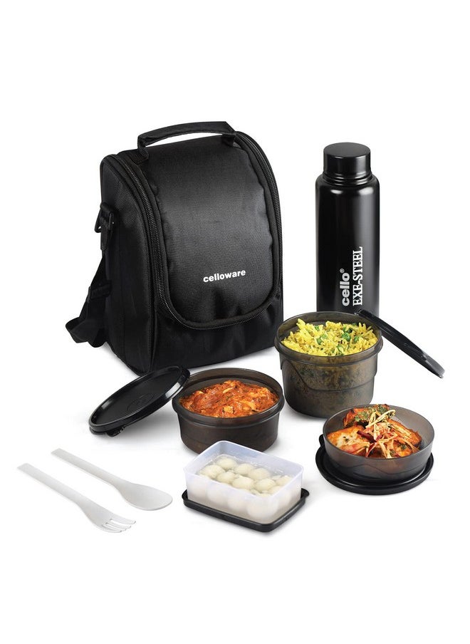 CELLO MF All in One Lunch Box Set of 5 with Bag,Black | 3 Containers with Steel Inner, 1 Plastic Pickle Box and 1 Steel Bottle | Microwave Safe | Insulated Tiffin Ideal for Office, School, College