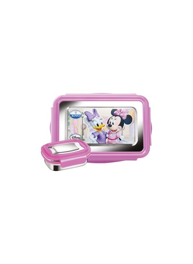 Joyo Disney Lunchmate Lunch Box with Box Inner Steel Lunch Box Big 1, Small Box with Steel Dabbi Compact Design Airtight Leakproof Lunch Box for Office,School BPA Free (Pack of 1)-Minnie Mouse-Purple