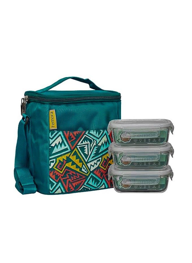 Femora Glass Lunch Box with Bag Set of 3 Containers, Rectangular- 400 ML Each, Clear, Microwavable Borosilicate Glaas, Ideal for College, Travel Office, Blue