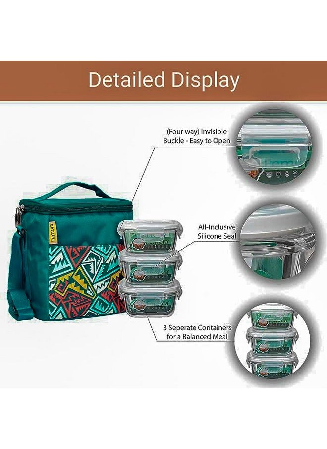 Femora Glass Lunch Box with Bag Set of 3 Containers, Rectangular- 400 ML Each, Clear, Microwavable Borosilicate Glaas, Ideal for College, Travel Office, Blue