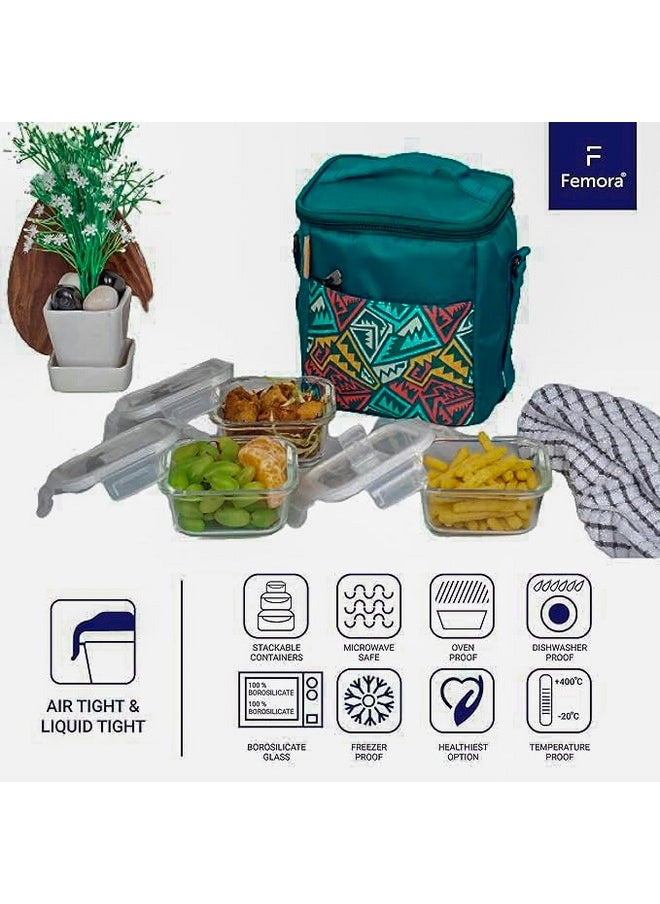 Femora Glass Lunch Box with Bag Set of 3 Containers, Rectangular- 400 ML Each, Clear, Microwavable Borosilicate Glaas, Ideal for College, Travel Office, Blue