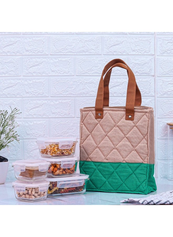 Femora Borosilicate Glass Microwave Safe Container Multipurpose Lunch Box for Office, Green, Square-300 ml (2 Container), Rectangle-620 ml (1 Container), Square-180 ml (2 Container).