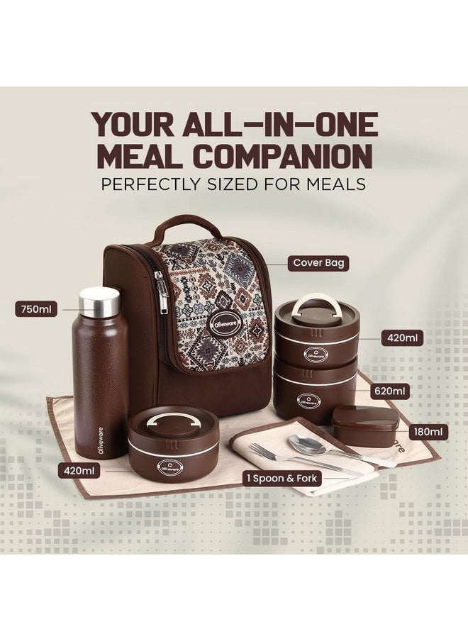 oliveware Teso Musk Lunch Box | Insulated Steel Containers | Set of 3 Containers(1x620ml, 2x420 ml) with 750ml Steel Bottle + Pickle Box | Leak-Proof & Food Grade Lunchbox-Brown