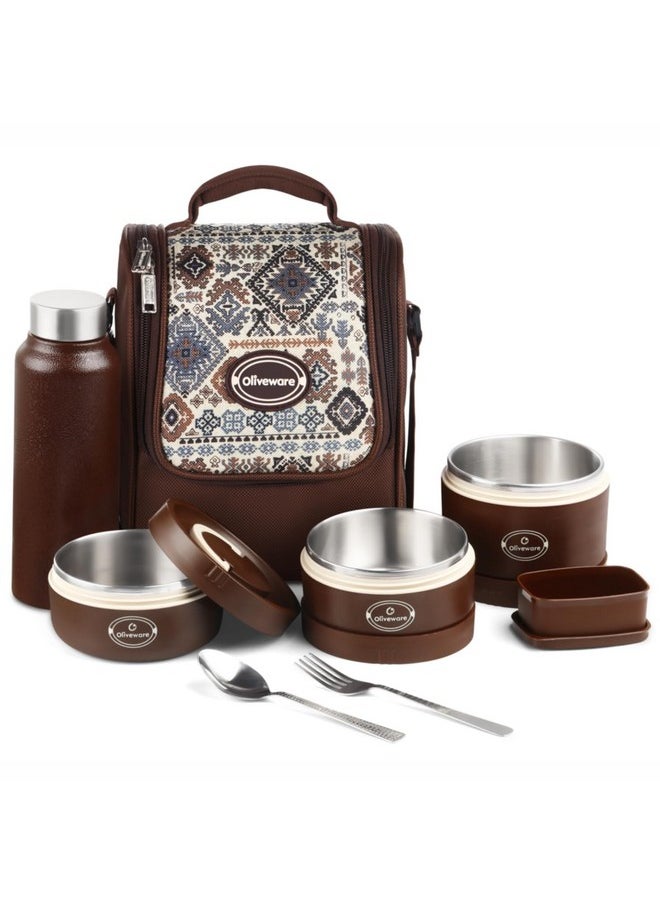 oliveware Teso Musk Lunch Box | Insulated Steel Containers | Set of 3 Containers(1x620ml, 2x420 ml) with 750ml Steel Bottle + Pickle Box | Leak-Proof & Food Grade Lunchbox-Brown