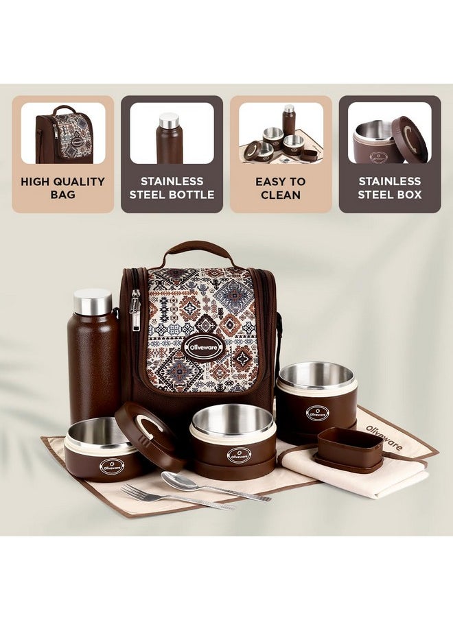 oliveware Teso Musk Lunch Box | Insulated Steel Containers | Set of 3 Containers(1x620ml, 2x420 ml) with 750ml Steel Bottle + Pickle Box | Leak-Proof & Food Grade Lunchbox-Brown