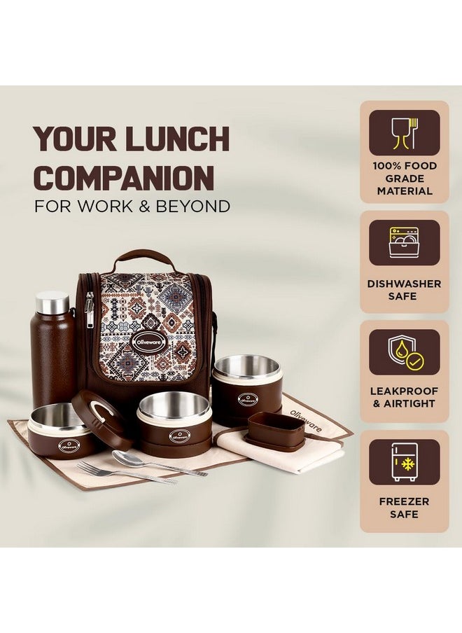 oliveware Teso Musk Lunch Box | Insulated Steel Containers | Set of 3 Containers(1x620ml, 2x420 ml) with 750ml Steel Bottle + Pickle Box | Leak-Proof & Food Grade Lunchbox-Brown