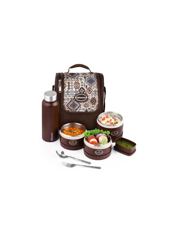 oliveware Teso Musk Lunch Box | Insulated Steel Containers | Set of 3 Containers(1x620ml, 2x420 ml) with 750ml Steel Bottle + Pickle Box | Leak-Proof & Food Grade Lunchbox-Brown