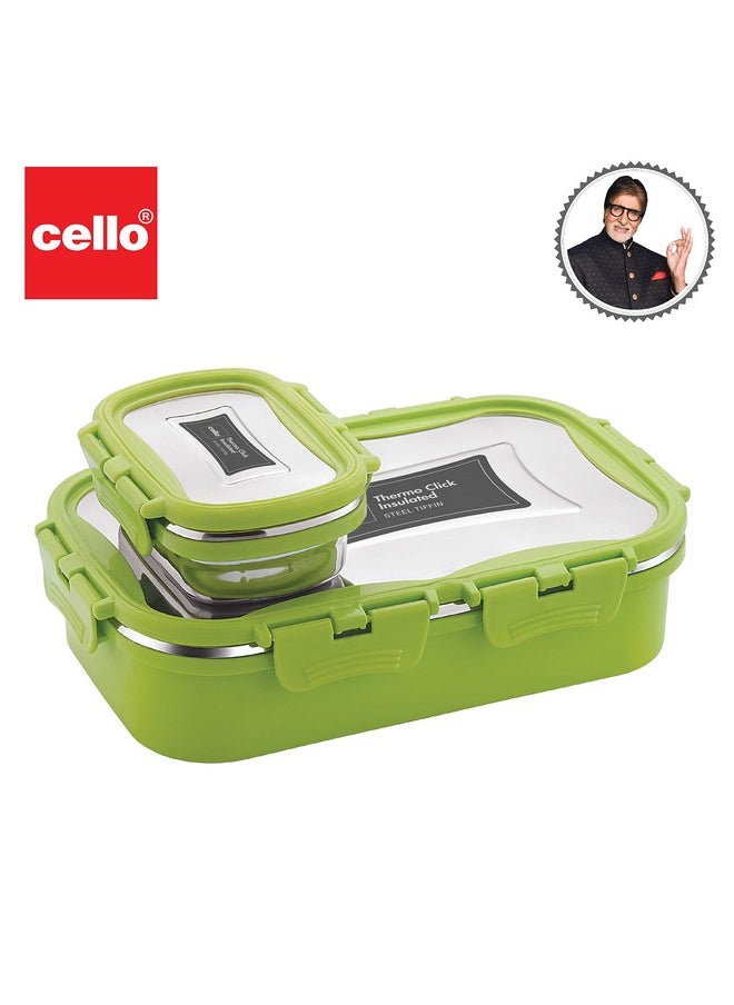 CELLO Thermo Click Big Steel Insulated Lunch Box, Green | Tiffin for Men & Women | Snacks Tiffin for Kids | Leak-Proof & Unbreakable Lid with 4 Sided Click Lock | Ideal for Office, School, College