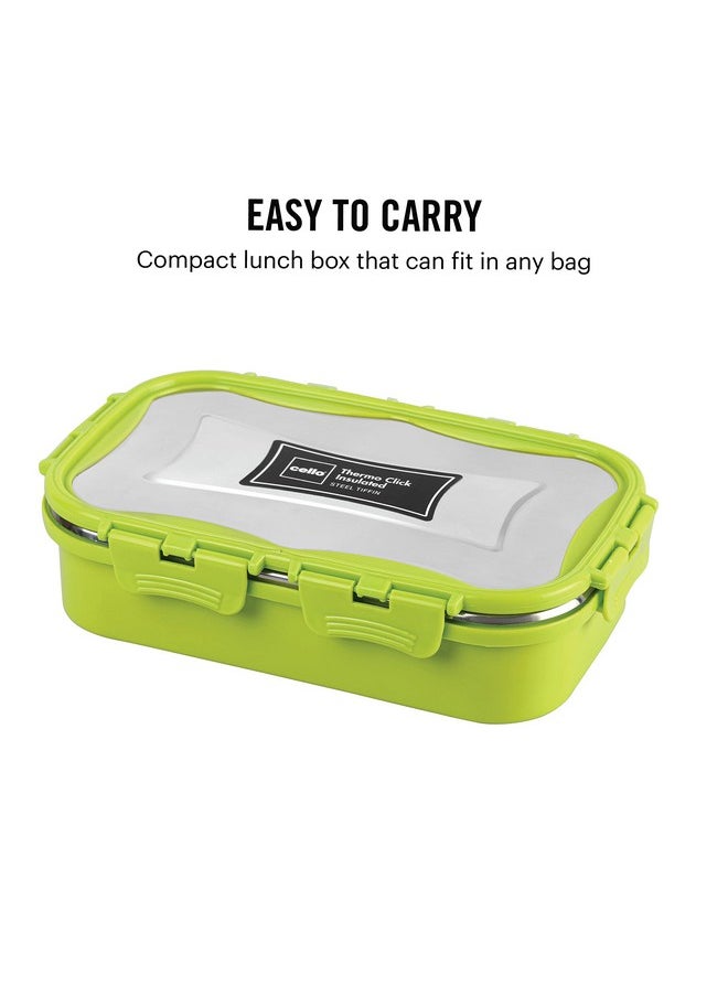 CELLO Thermo Click Big Steel Insulated Lunch Box, Green | Tiffin for Men & Women | Snacks Tiffin for Kids | Leak-Proof & Unbreakable Lid with 4 Sided Click Lock | Ideal for Office, School, College