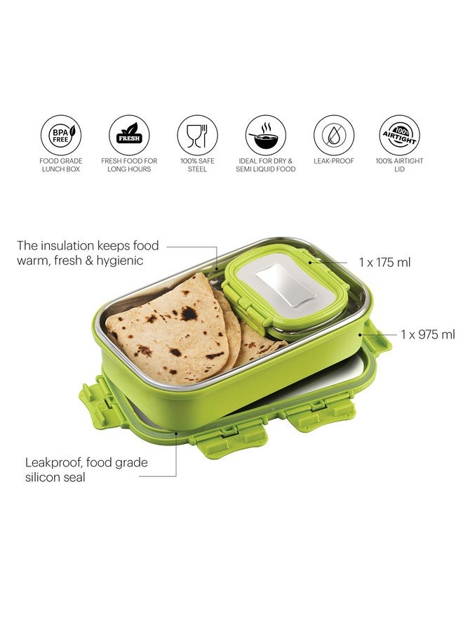 CELLO Thermo Click Big Steel Insulated Lunch Box, Green | Tiffin for Men & Women | Snacks Tiffin for Kids | Leak-Proof & Unbreakable Lid with 4 Sided Click Lock | Ideal for Office, School, College