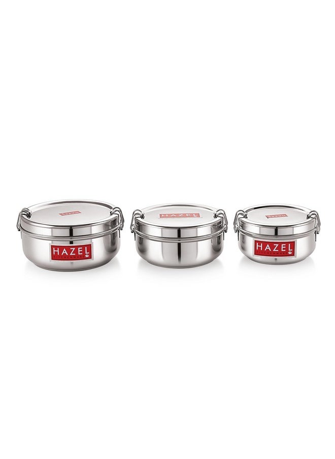 Hazel Stainless Steel Traditional Design Tiffin Lunch Container with Locking Clip Set of 3, 350, 500 & 700 ML