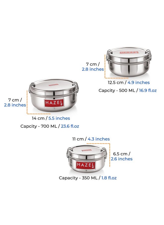 Hazel Stainless Steel Traditional Design Tiffin Lunch Container with Locking Clip Set of 3, 350, 500 & 700 ML