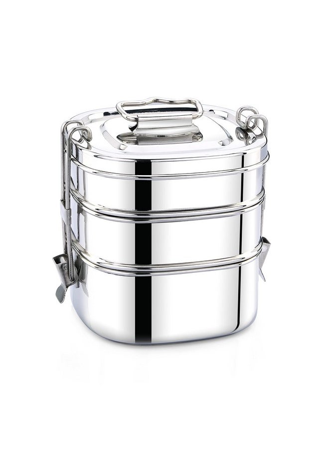 Expresso - Square Shape Stainless Steel Food Grade Lunch Box | Traditional Tiffin Carrier/Container for School/Office, Dia 13cm | 3 Tier