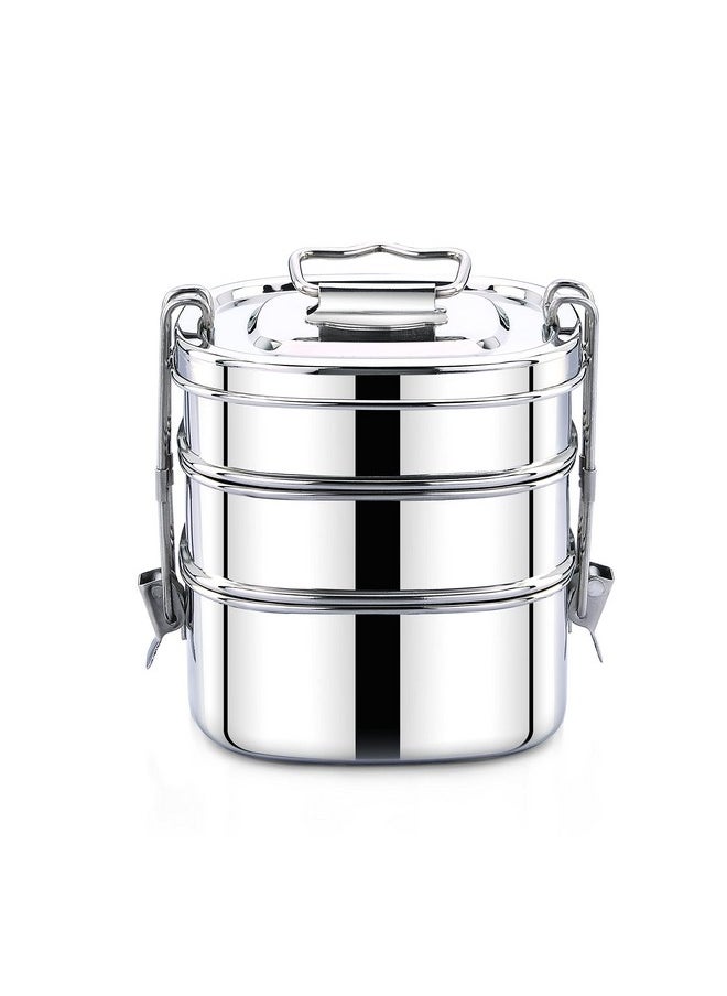 Expresso - Square Shape Stainless Steel Food Grade Lunch Box | Traditional Tiffin Carrier/Container for School/Office, Dia 13cm | 3 Tier