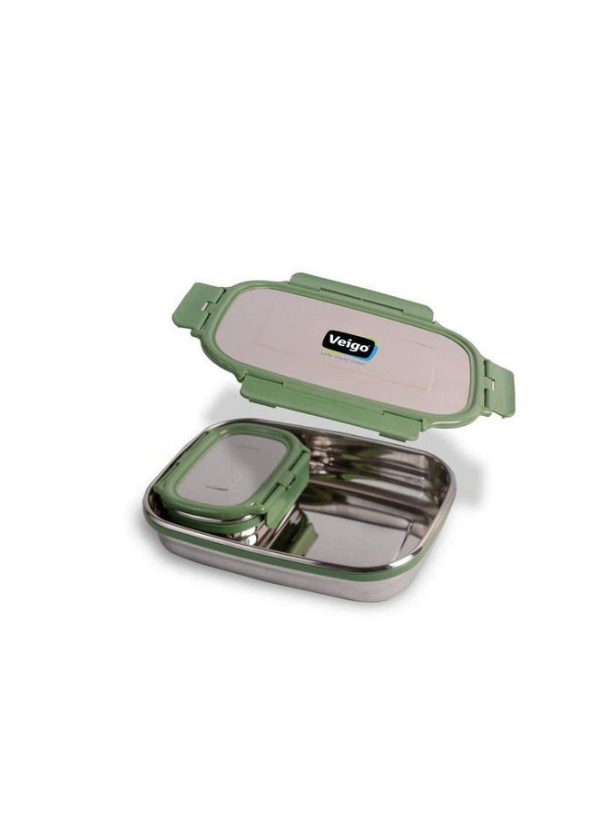Veigo Jumbo 950 ml Stainless Steel School Tiffin with 180 ml Veg Box | Detachable Clips | Leakproof & Airtight | Durable Stainless Steel Lid | Military Green