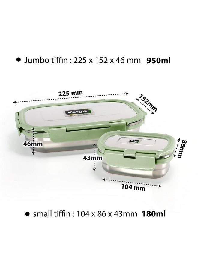 Veigo Jumbo 950 ml Stainless Steel School Tiffin with 180 ml Veg Box | Detachable Clips | Leakproof & Airtight | Durable Stainless Steel Lid | Military Green