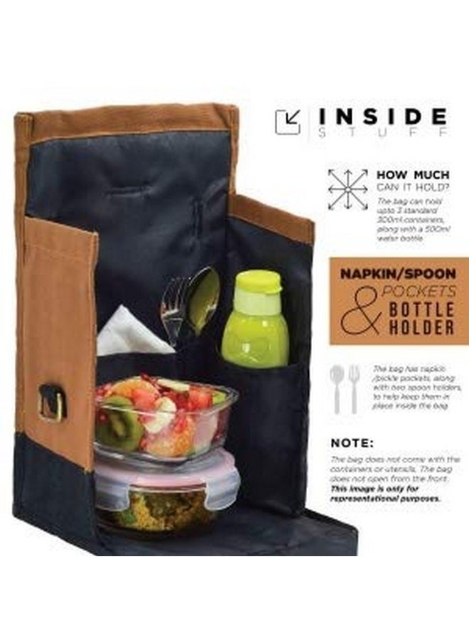Femora Glass Lunch Box with Bag Set of 3 Containers (Square- 300 ML, Rectangular- 620 ML) Clear, Microwavable Borosilicate Glaas, Ideal for College, Travel Office, Camel Black