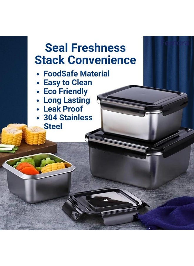 Femora High Stainless Steel Square Container, Leakproof airtight Lid, 550 ML, Pack of 2, Silver