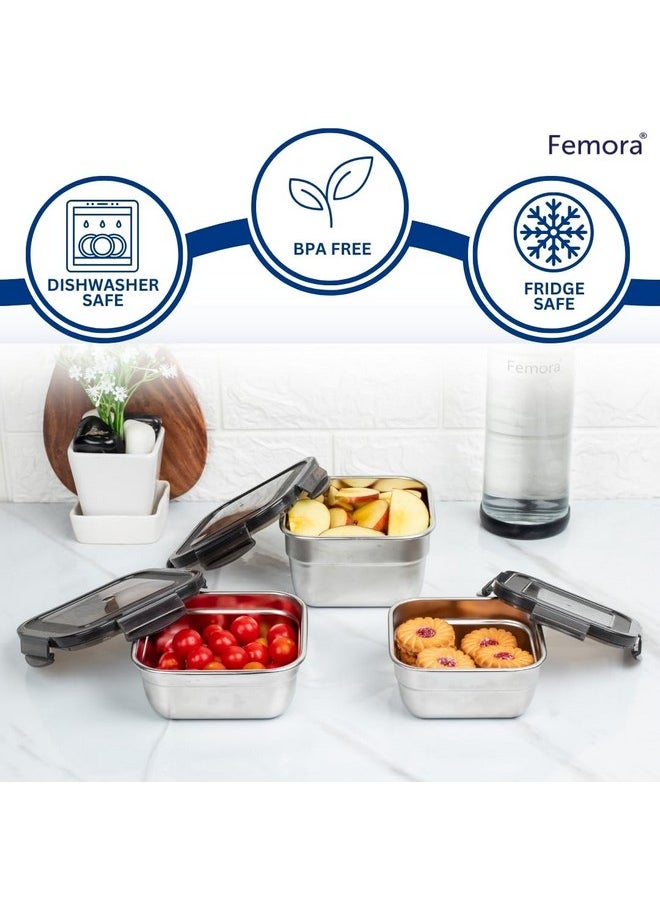 Femora High Stainless Steel Square Container, Leakproof airtight Lid, 550 ML, Pack of 2, Silver