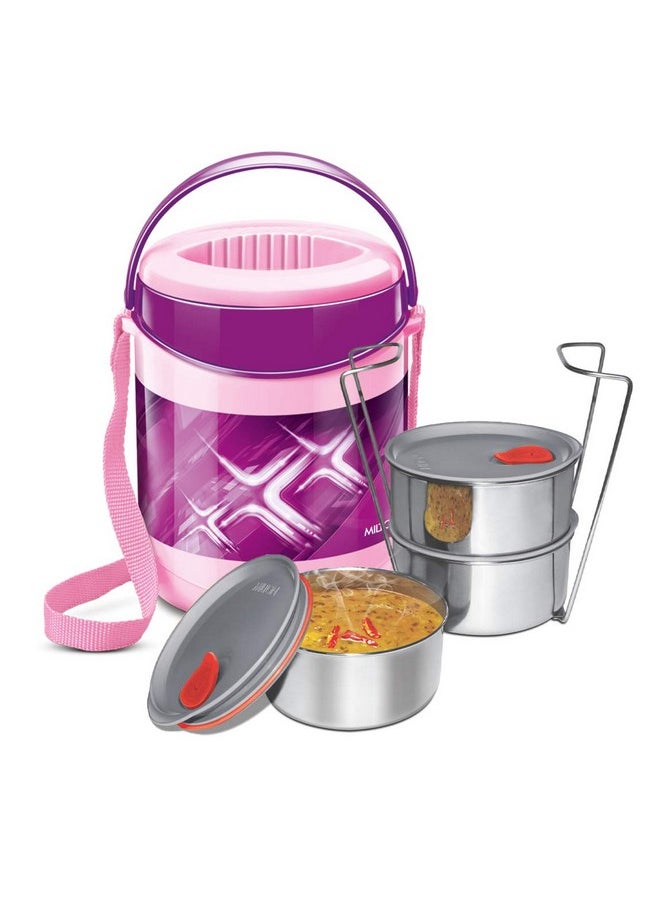 MILTON Econa Deluxe 3 Stainless Steel Containers with Steam Vent 260 ml Each, PU Insulated, Hot & Cold Leak-Proof Lunch Box for Office, College, Picnic, Pink