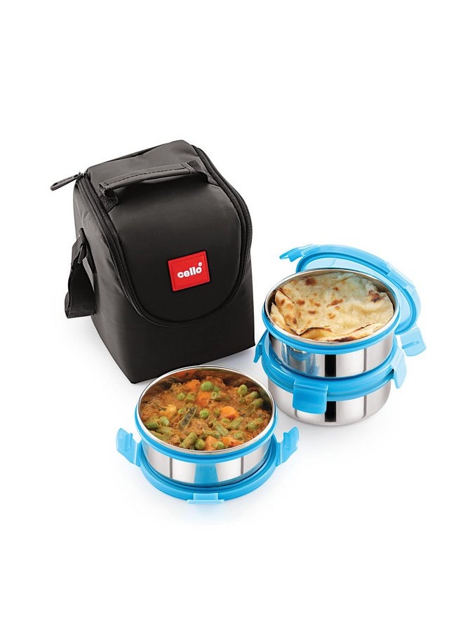 CELLO MF Click 3 Plus Stainless Steel Lunch Box Set, 475ml, 3 Unit, Blue