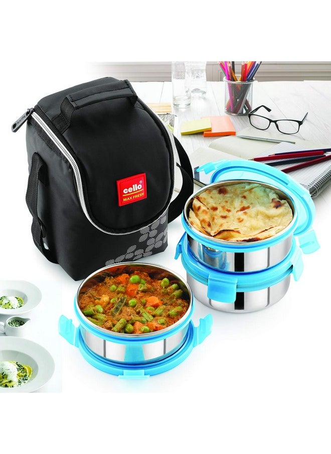 CELLO MF Click 3 Plus Stainless Steel Lunch Box Set, 475ml, 3 Unit, Blue